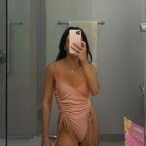 Ruched matte pink high leg one piece swim